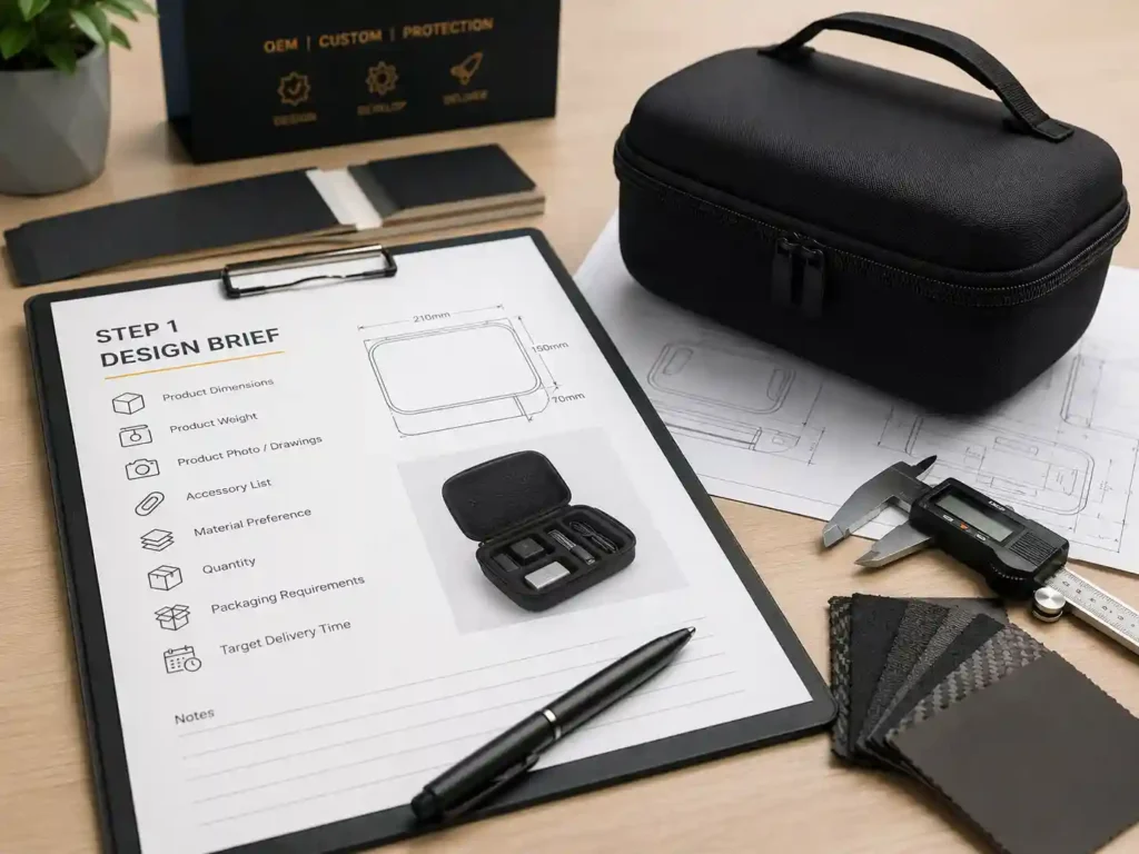 OEM EVA carrying case design brief with product dimensions, drawings, material samples, caliper measurement and customization requirements for case development