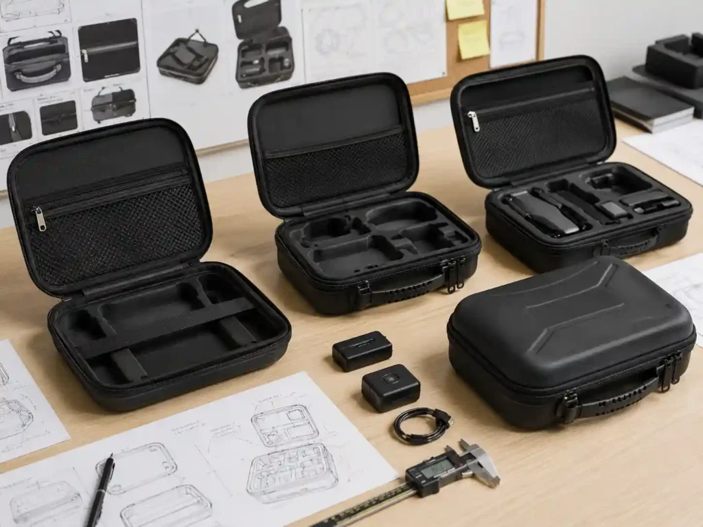 Custom EVA case prototypes with molded foam inserts, mesh pockets, zipper compartments, product accessories, CAD drawings and caliper measurement during case development