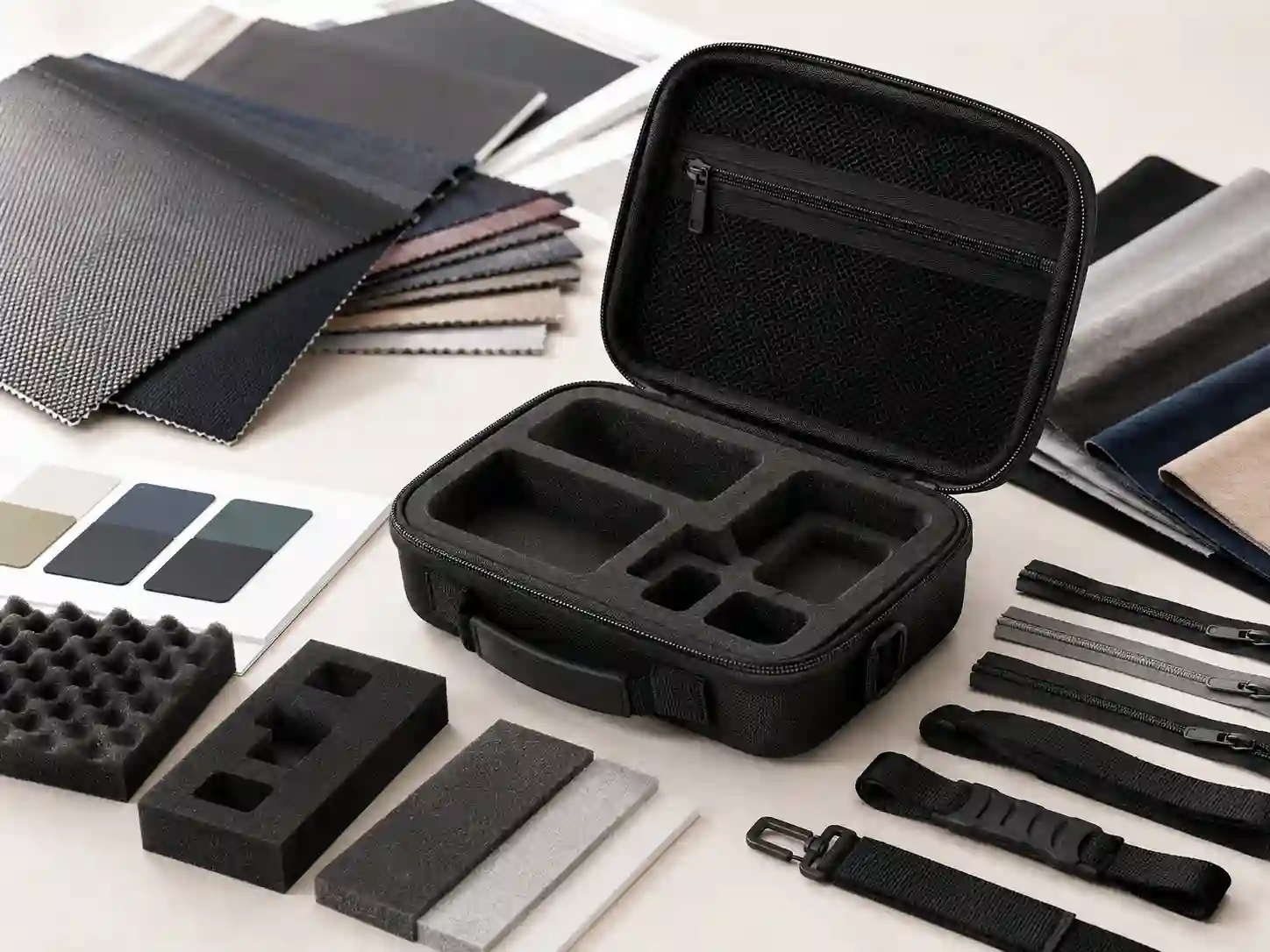 Custom EVA case with foam insert, mesh pocket, fabric materials, zipper options, handle straps and hardware accessories for OEM case customization