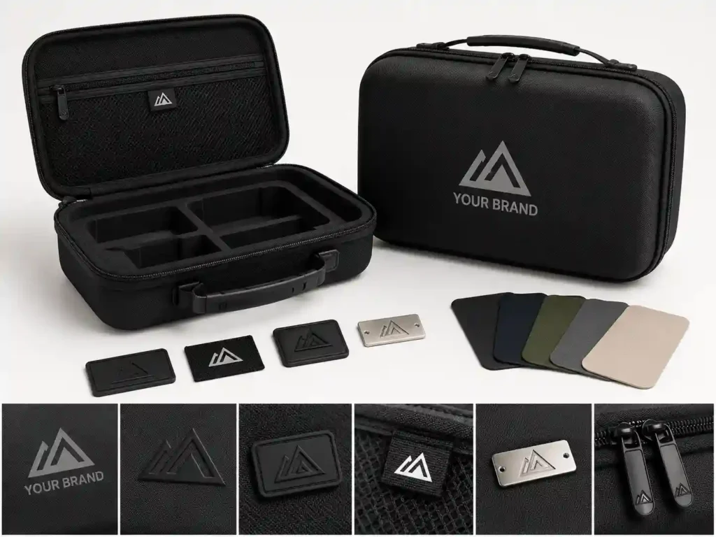 Custom EVA case with logo branding options including screen printing, embossed logo, rubber patch, woven label, metal badge, branded zipper pullers and material color samples