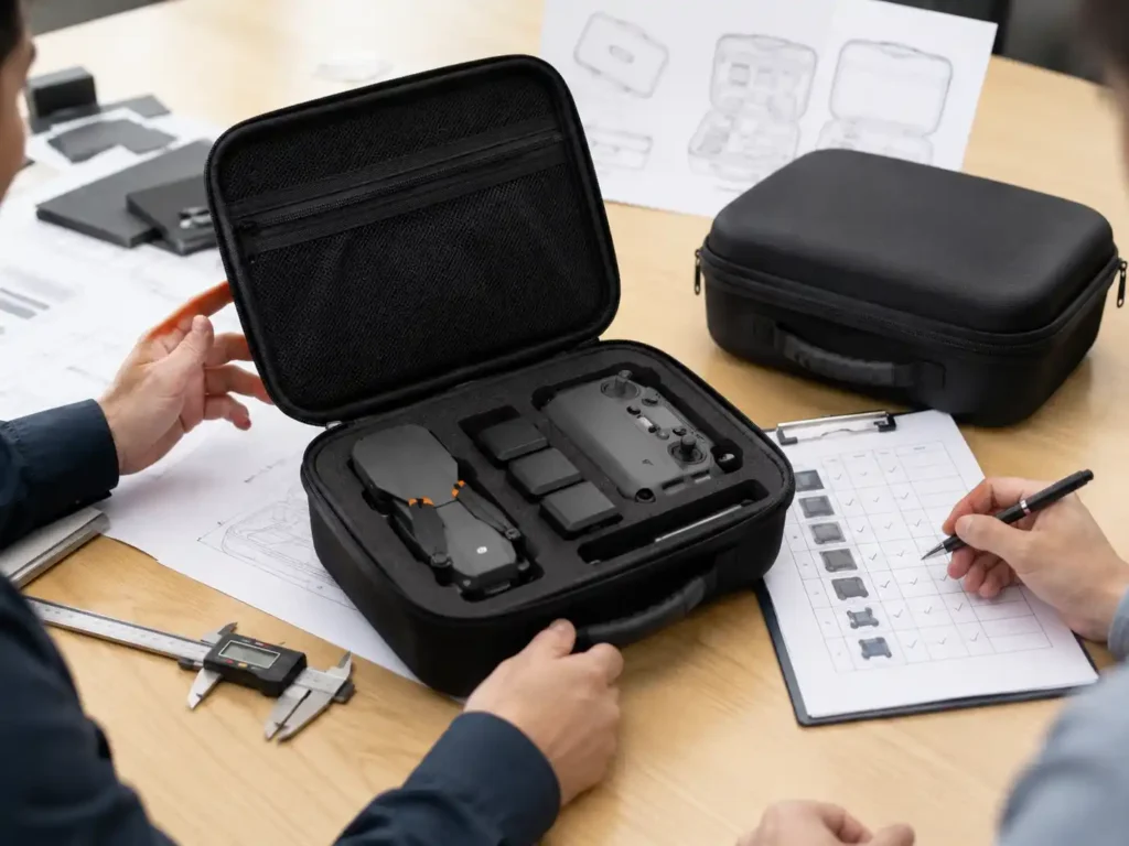 Custom EVA drone case sample review with precision-cut foam insert, mesh pocket, CAD drawings, product fitting and quality checklist before bulk production