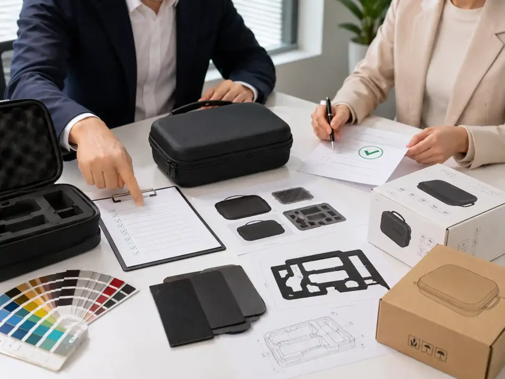 Custom EVA case sample approval meeting with product checklist, material color samples, foam insert layout, technical drawings and packaging review before production