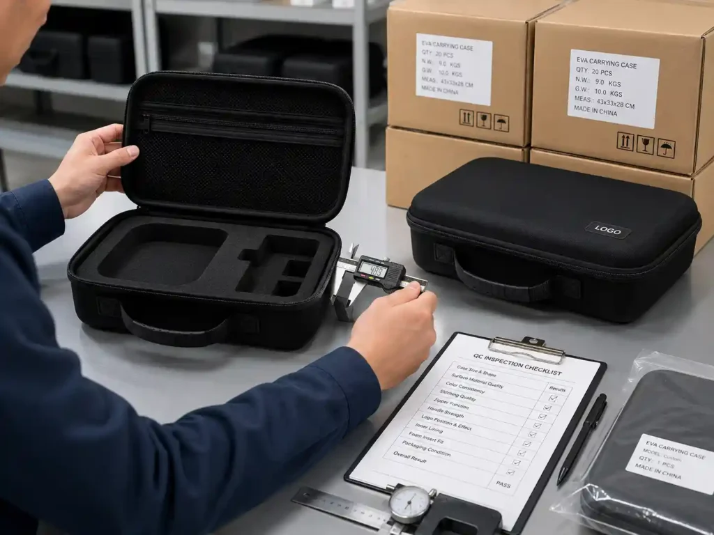 Custom EVA case final quality inspection before shipment, showing dimension measurement, foam insert check, mesh pocket review, QC checklist, individual packaging and export cartons