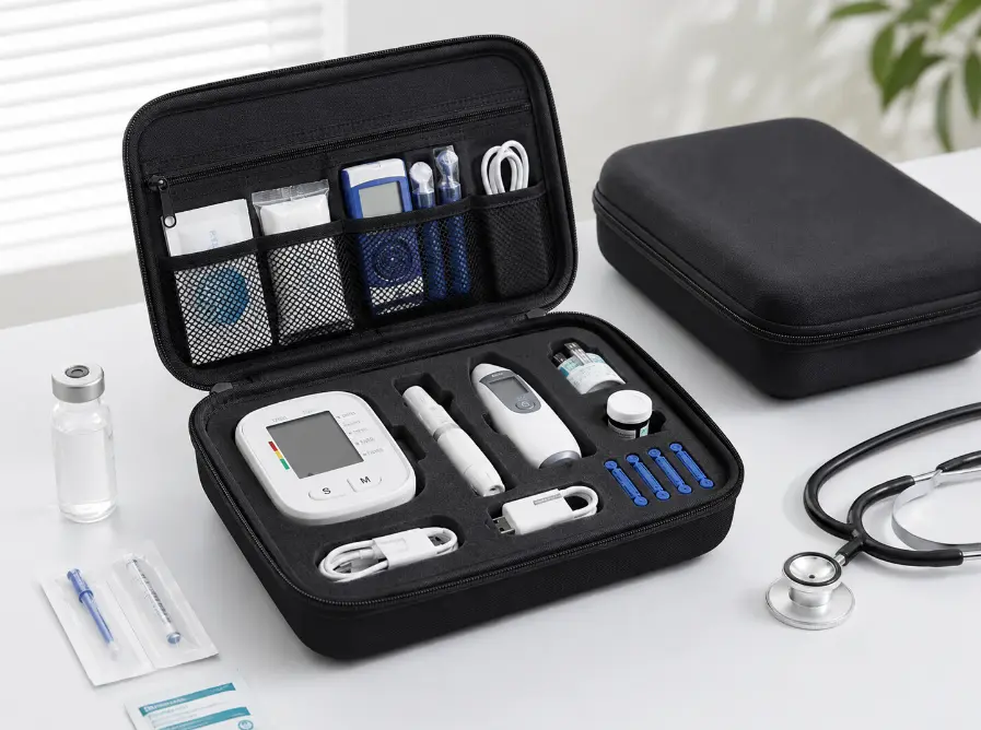 Custom EVA medical case for diagnostic devices, healthcare supplies and medical accessories with precision-cut foam insert, mesh organizer pockets and protective storage compartments