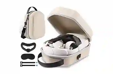 Beige custom EVA hard-shell VR headset case, shown open with a VR headset inside, alongside a full accessory kit (face cover, straps, lens protector) and a closed carrying case.
