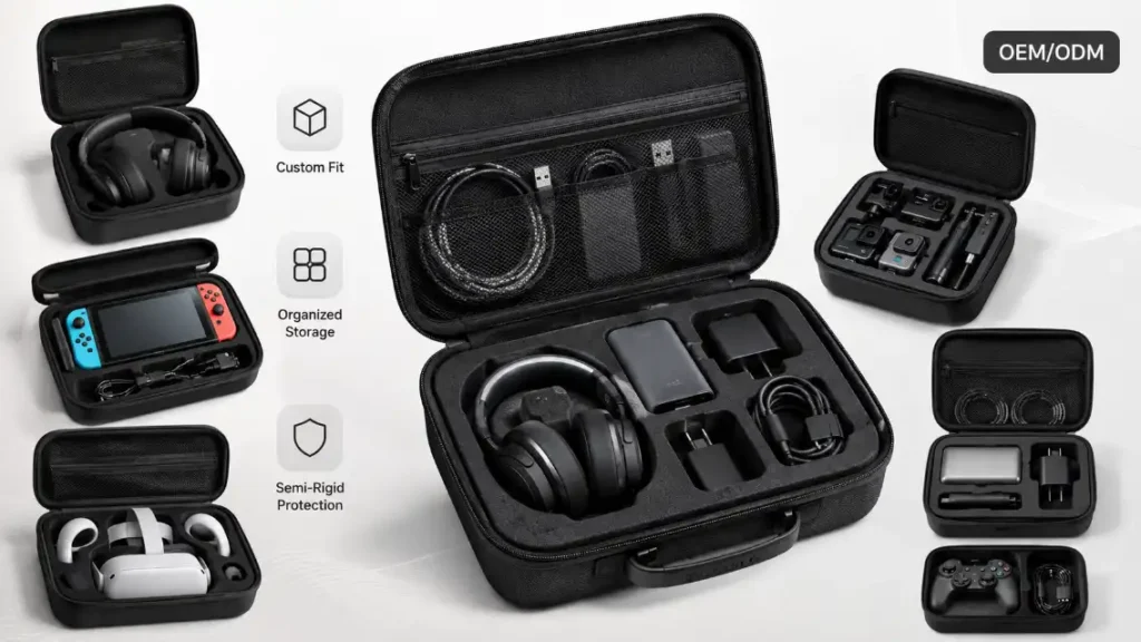 OEM and ODM custom EVA carrying cases for headphones, handheld game consoles, VR headsets, action cameras and electronic accessories with foam inserts and mesh pockets
