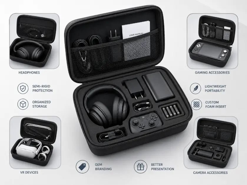 Custom EVA carrying case for headphones, gaming accessories, VR devices and camera accessories with foam inserts, mesh organizer pockets and OEM branding options