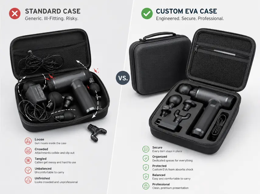 Comparison of a standard massage gun case and a custom EVA massage gun case with precision-cut foam insert, organized accessory storage and secure protection