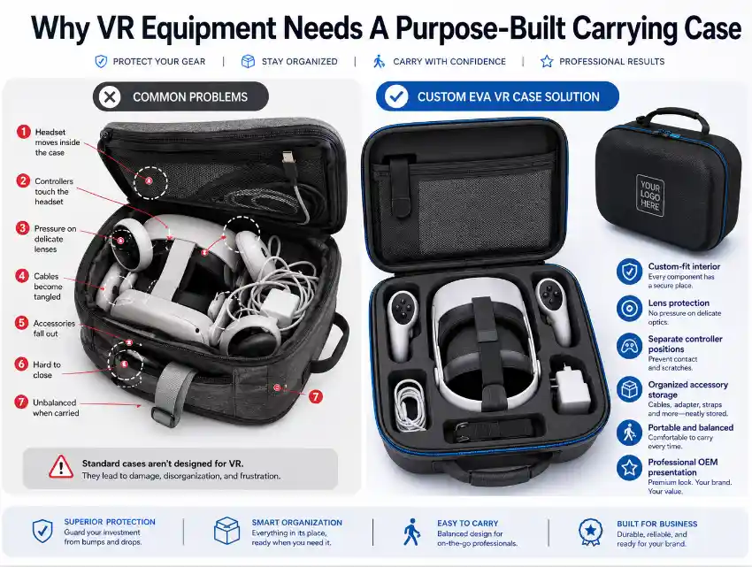 Comparison of a standard carrying case and a custom EVA VR headset case with fitted compartments for headset, controllers, cables and accessories