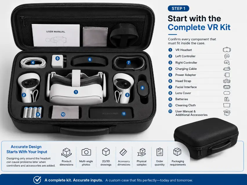 Complete custom EVA VR headset case kit with fitted compartments for headset, left and right controllers, charging cable, power adapter, head strap, lens cover, batteries and accessories