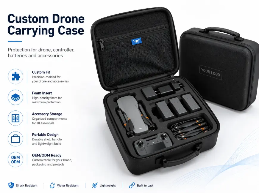 Complete custom EVA VR headset case kit with fitted compartments for headset, left and right controllers, charging cable, power adapter, head strap, lens cover, batteries and accessories