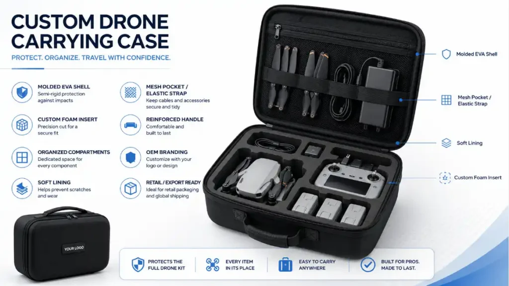 Custom EVA drone carrying case with molded EVA shell, precision-cut foam insert, mesh pocket, elastic strap, soft lining, reinforced handle and OEM branding options