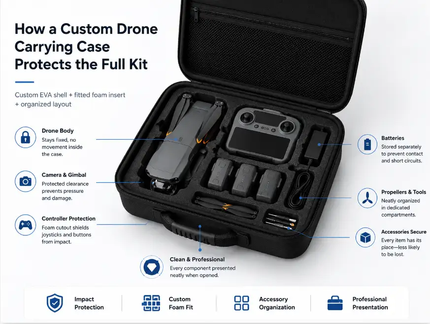 Custom EVA drone carrying case showing full kit protection with precision-cut foam insert for drone body, controller, batteries, propellers, tools and accessories