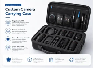 Custom EVA camera carrying case with precision-cut foam insert for camera body, lenses, batteries, memory cards, cables, filters and cleaning tools