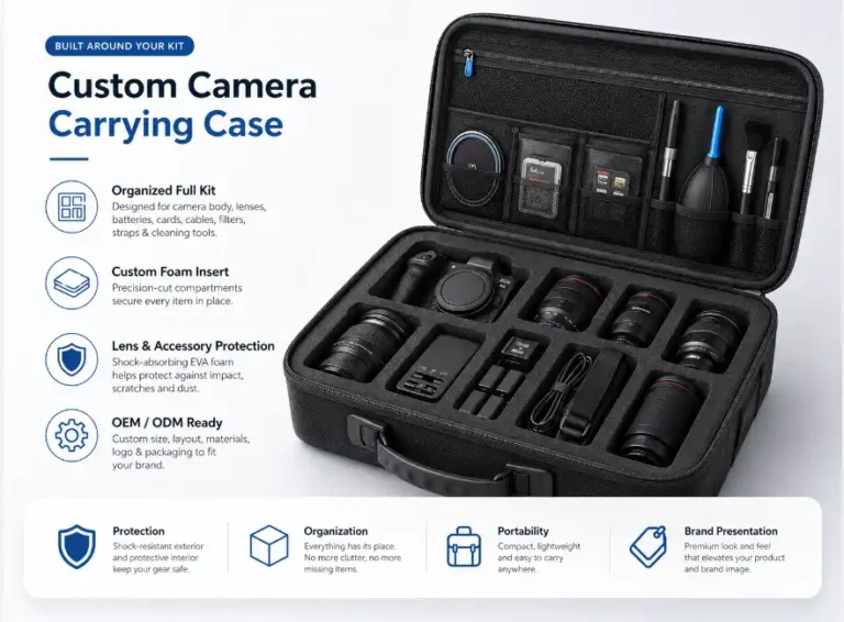 Custom EVA camera carrying case with precision-cut foam insert for camera body, lenses, batteries, memory cards, cables, filters and cleaning tools