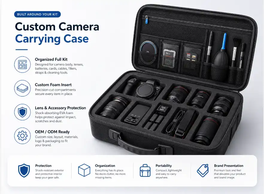 Custom EVA camera carrying case with precision-cut foam insert for camera body, lenses, batteries, memory cards, cables, filters and cleaning tools