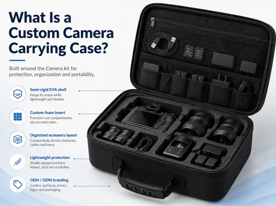 Custom EVA camera carrying case with semi-rigid EVA shell, precision-cut foam insert, organized accessory layout and OEM or ODM branding options