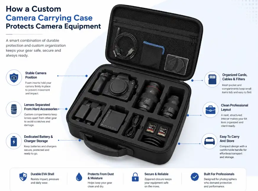 Custom EVA camera carrying case protecting camera equipment with precision-cut foam insert, separated lens compartments, battery and charger storage, mesh pocket and organized accessory layout