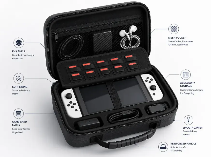 Custom EVA game console carrying case with molded foam insert, game card slots, mesh pocket, accessory compartments, reinforced handle and protective EVA shell
