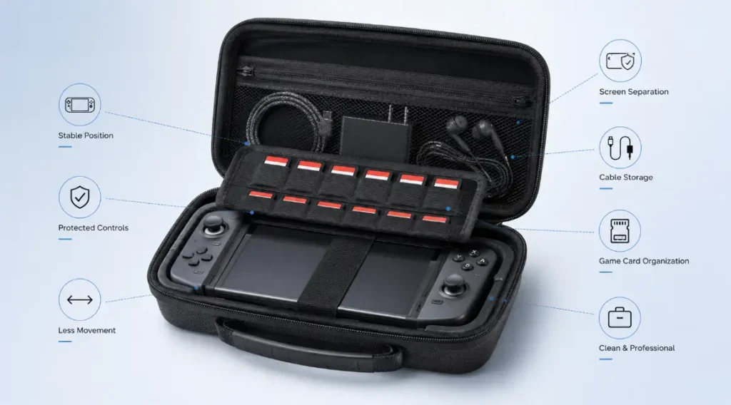 Custom EVA game console carrying case with precision-cut foam insert, screen protection, game card holder, cable storage, mesh pocket and organized accessory compartments