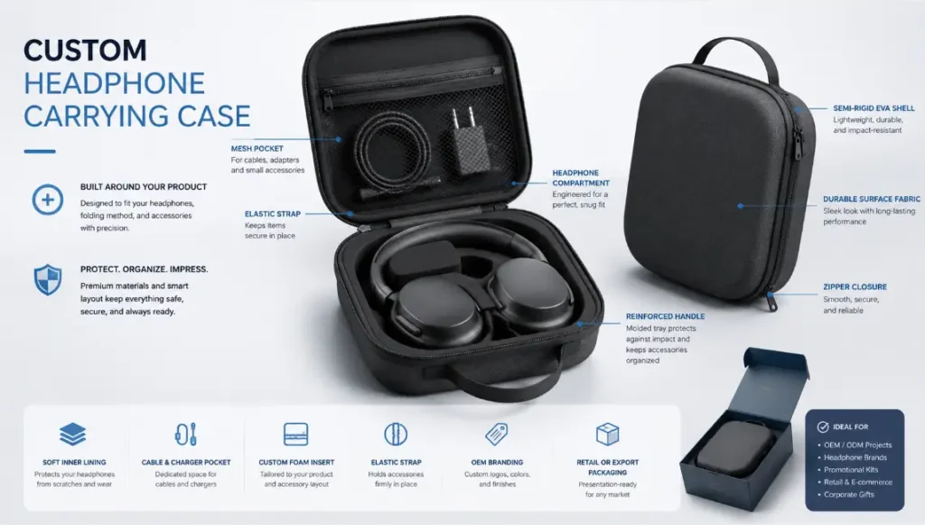 Custom EVA headphone carrying case with molded foam insert, mesh pocket, charging cable compartment, elastic strap, reinforced handle and OEM or ODM customization