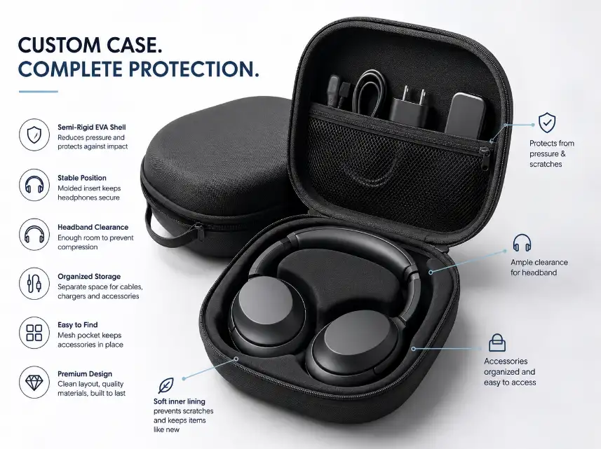 Custom EVA headphone carrying case with precision-cut foam insert, semi-rigid EVA shell, mesh pocket, organized accessory storage and protective interior for over-ear headphones