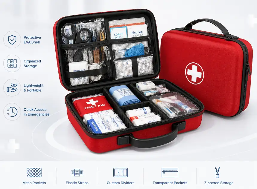 Custom EVA first aid carrying case with protective EVA shell, organized medical compartments, mesh pockets, elastic straps, transparent pouches and emergency medical supply storage