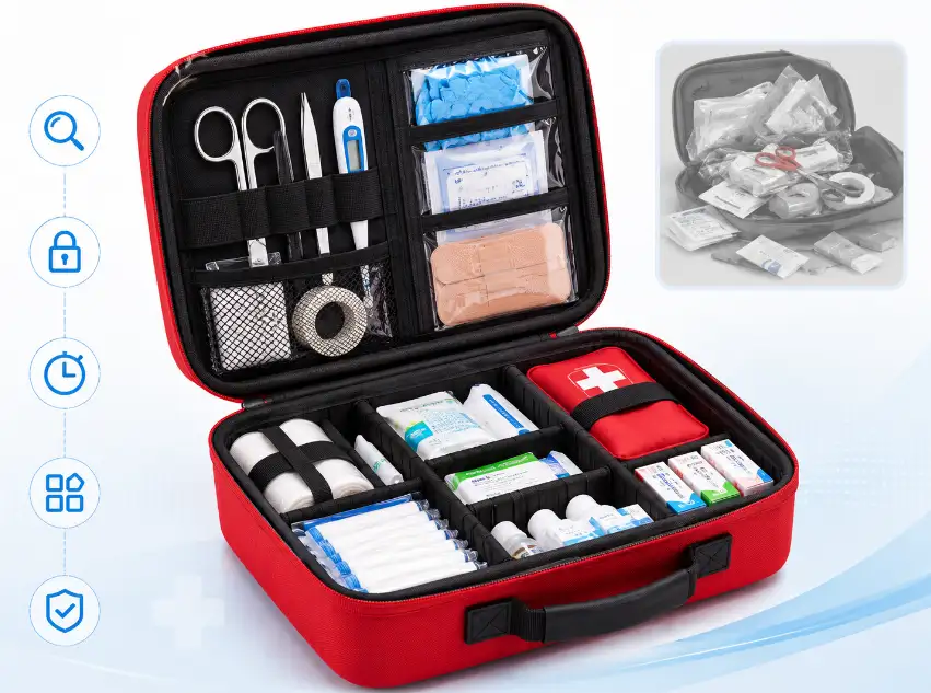 Custom EVA first aid carrying case with organized medical compartments, elastic straps, transparent pockets, first aid supplies and protective EVA shell for emergency medical storage