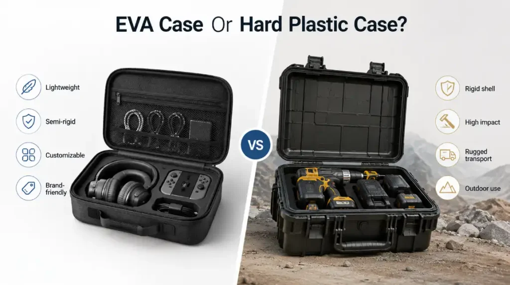 EVA case vs hard plastic case comparison showing lightweight customizable EVA protective case and rugged hard plastic case for different carrying and protection needs