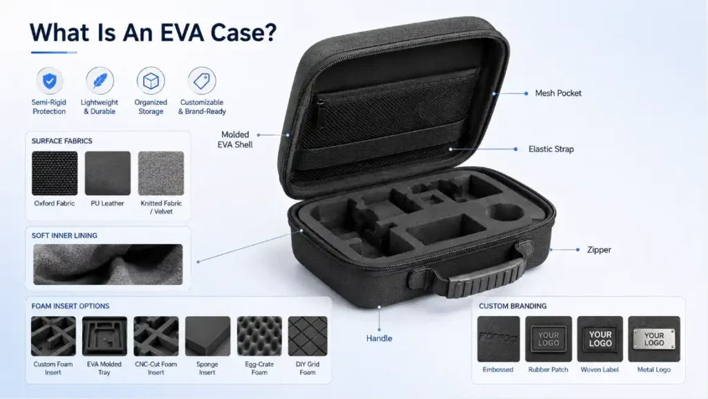 Custom EVA case structure diagram showing semi-rigid protection, lightweight design, foam insert options, surface fabrics, zipper, handle, mesh pocket, elastic strap and custom branding solutions