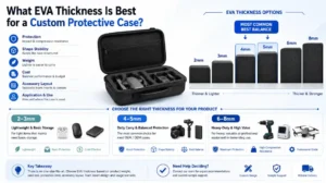 EVA foam thickness guide for custom protective cases showing 2mm to 8mm EVA options, recommended 4mm and 5mm thickness, protection levels, weight balance, applications and OEM case customization recommendations