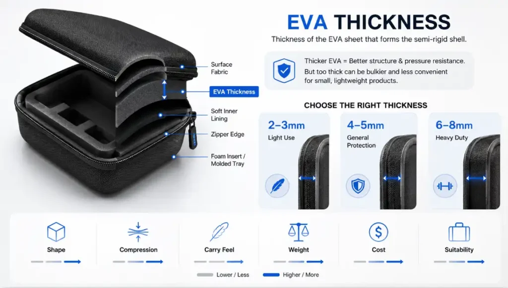 EVA case thickness structure diagram showing EVA shell layers, surface fabric, soft inner lining, foam insert and recommended EVA thickness options from 2mm to 8mm for lightweight, general and heavy-duty protection