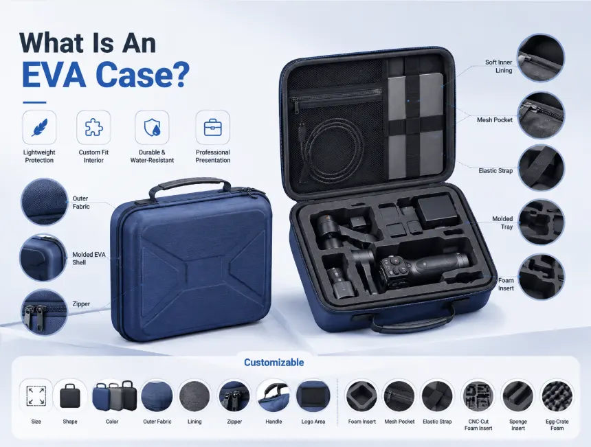 Custom EVA case structure showing molded EVA shell, outer fabric, zipper, soft lining, mesh pocket, elastic straps, molded tray and foam insert with customizable size, shape, color, materials and interior options