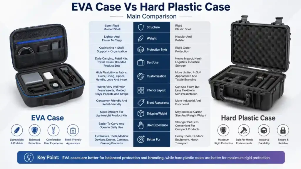 EVA case vs hard plastic case comparison showing differences in structure, weight, protection, customization, interior layout, branding, shipping weight and applications for custom protective