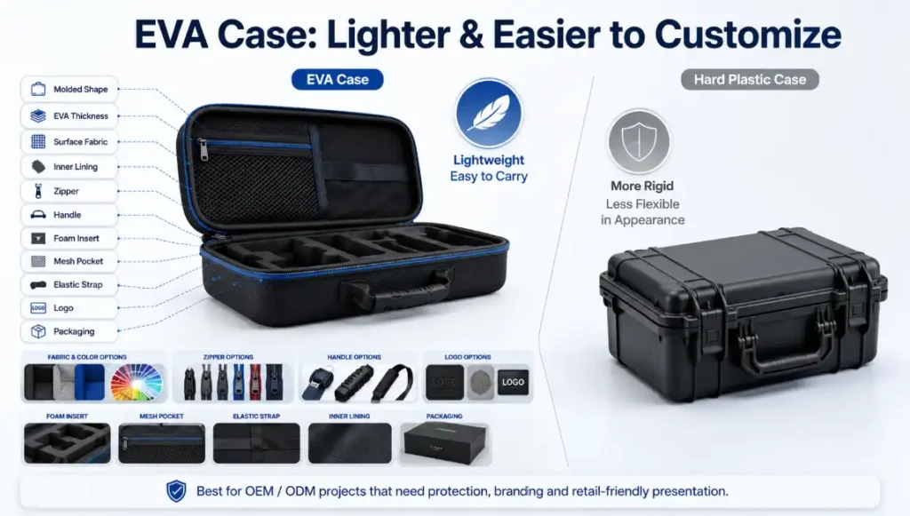 Custom EVA case compared with a hard plastic case, showing lightweight design and customization options including molded shape, EVA thickness, fabric, lining, zipper, handle, foam insert, mesh pocket, elastic straps, logo and packaging