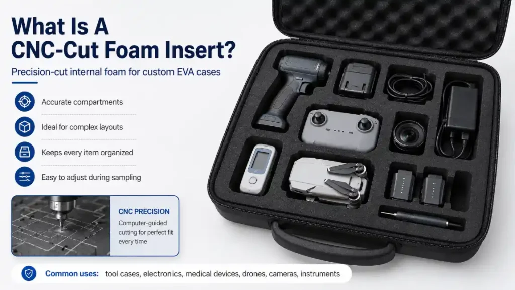 CNC-cut foam insert for custom EVA cases showing precision-cut compartments for tools, electronics, drones, cameras, medical devices and accessories
