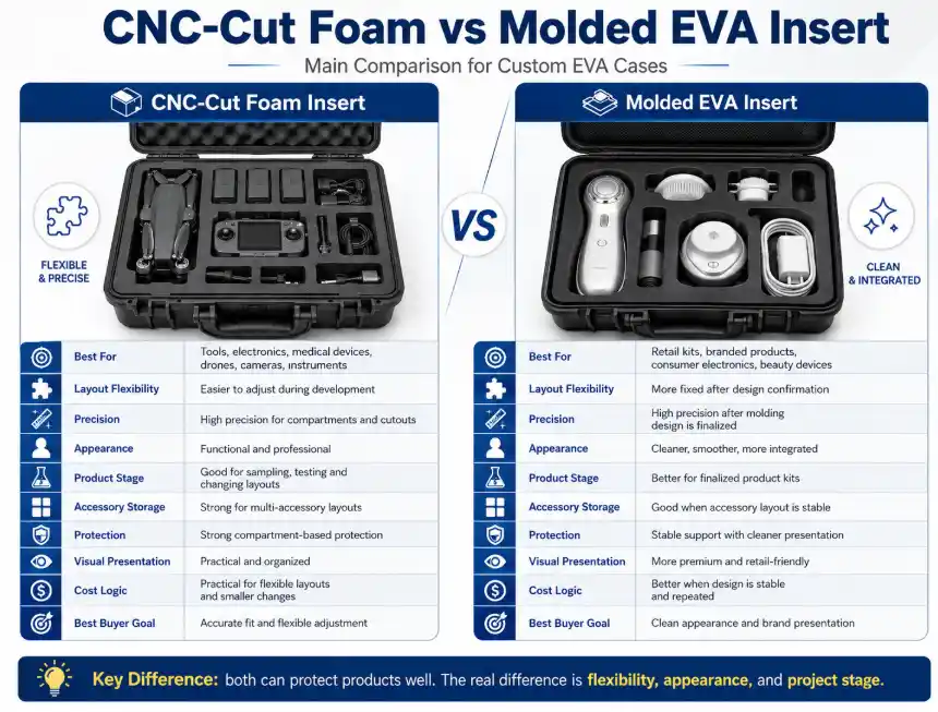 CNC-cut foam vs molded EVA insert comparison for custom EVA cases, comparing layout flexibility, precision, appearance, accessory storage, protection, cost and ideal applications
