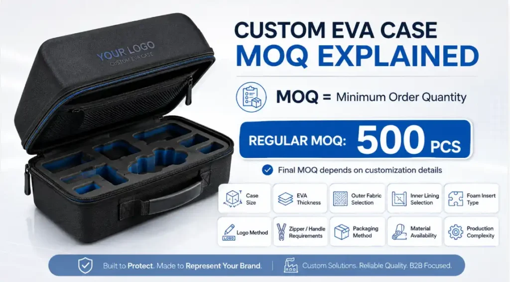 Custom EVA case MOQ guide explaining the standard 500-piece minimum order quantity and key factors including case size, EVA thickness, fabrics, foam inserts, logo, zipper, packaging and production complexity