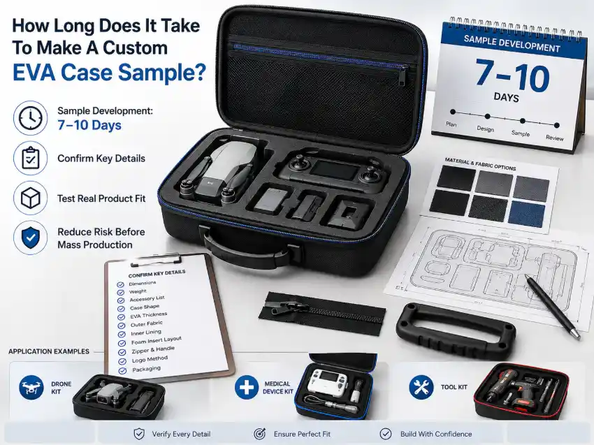 Custom EVA case sample development process showing a 7–10 day sample lead time, product fit testing, material selection, foam insert design and customization details