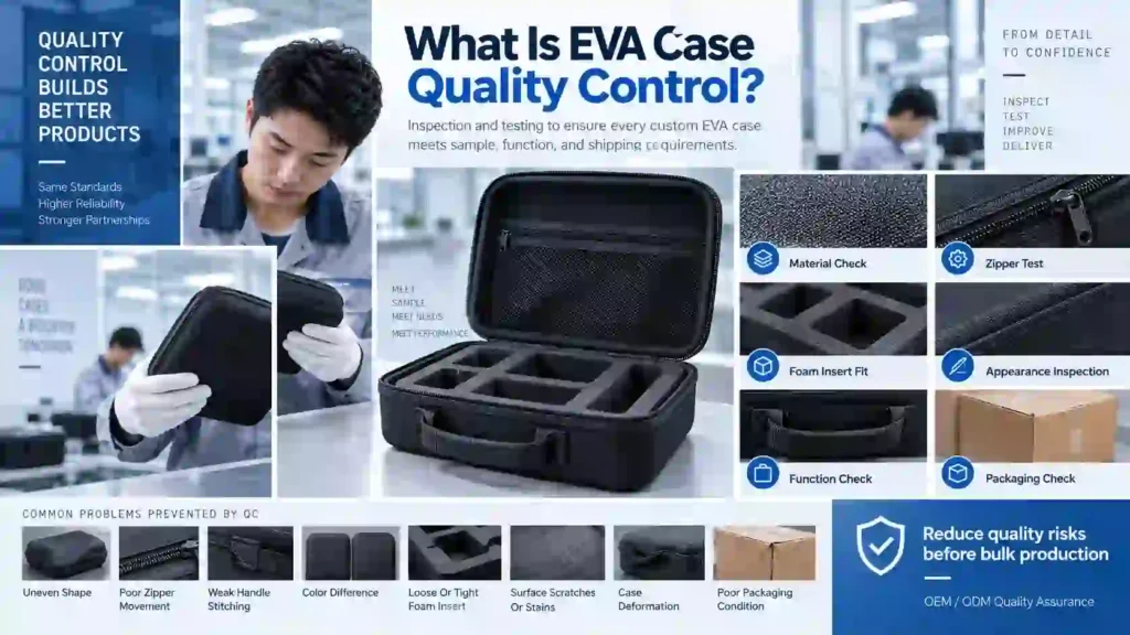 EVA case quality control inspection covering material, zipper, foam insert fit, appearance, function, and packaging checks before bulk production