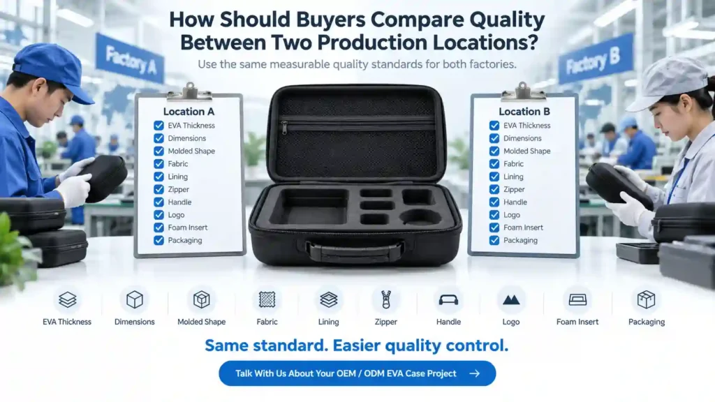 EVA case quality comparison between two production locations using the same standards for EVA thickness, dimensions, materials, zipper, handle, logo, foam insert, and packaging