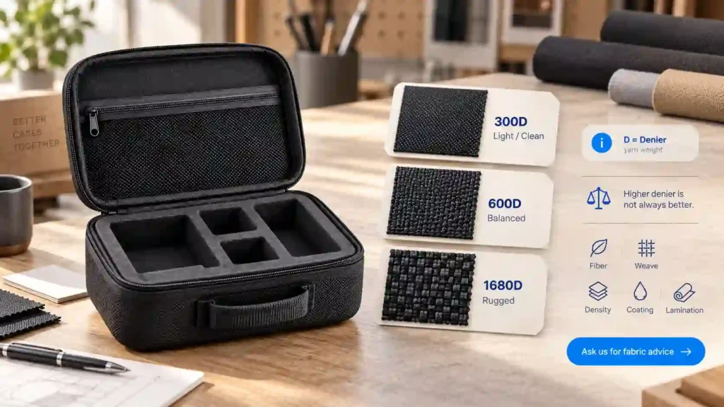 Custom EVA case with 300D, 600D and 1680D Oxford fabric samples showing different denier options for protective case outer materials