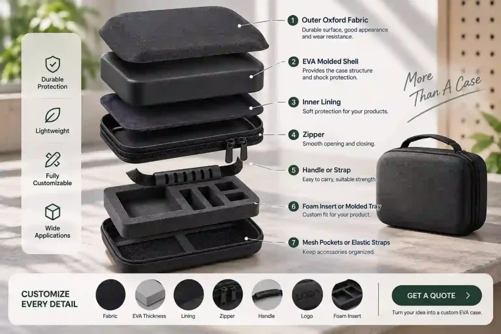 Exploded view of a custom EVA case showing Oxford fabric, molded EVA shell, inner lining, zipper, handle, foam insert and mesh pocket components