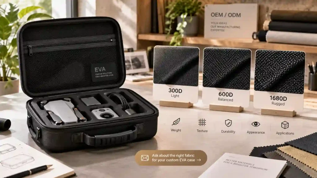 Custom EVA drone case with 300D, 600D and 1680D Oxford fabric samples comparing weight, texture, durability and appearance