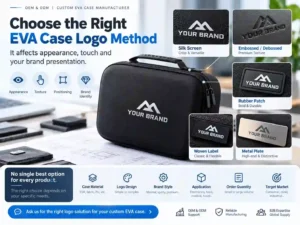 Custom EVA carrying case with five logo branding methods: silk screen printing, embossing, debossing, rubber patch, woven label and metal plate for OEM ODM projects