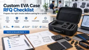 Custom EVA case RFQ checklist showing product information, protection needs, materials, customization requirements and production expectations for OEM ODM quotation preparation