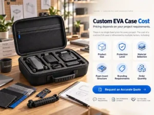 Custom EVA case cost guide showing pricing factors including product size, protection level, material selection, foam insert structure, branding requirements and order quantity