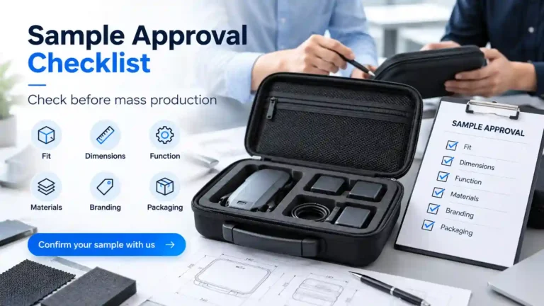 Custom EVA case sample approval checklist showing six key inspection points: product fit, dimensions, functionality, materials, branding, and packaging before mass production.