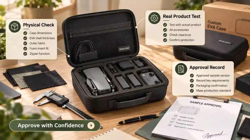 Custom EVA case sample approval process showing physical inspection, actual product fit testing, foam insert checks, zipper functionality, and approval records before mass production.