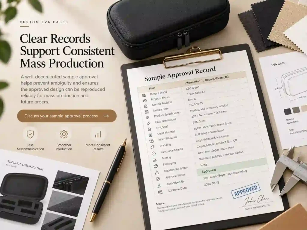 Custom EVA case sample approval record showing documented specifications, dimensions, materials, branding, quality testing, packaging, and final approval to ensure consistent mass production.